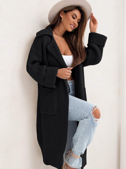 Pocketed Collared Neck Dropped Shoulder Cardigan-Angel Casuals