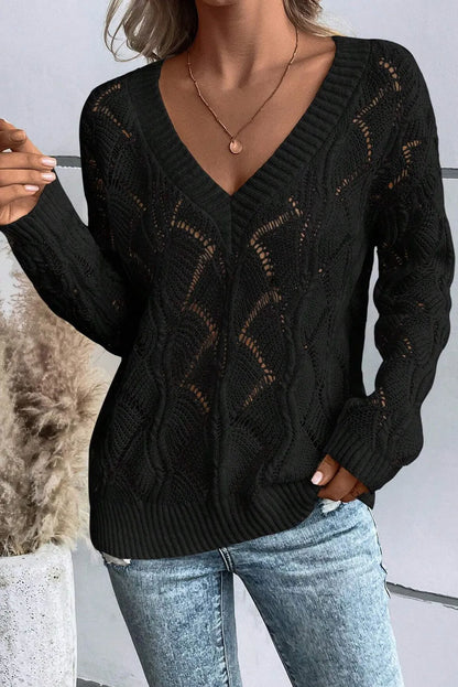 Openwork V-Neck Long Sleeve Sweater-Angel Casuals