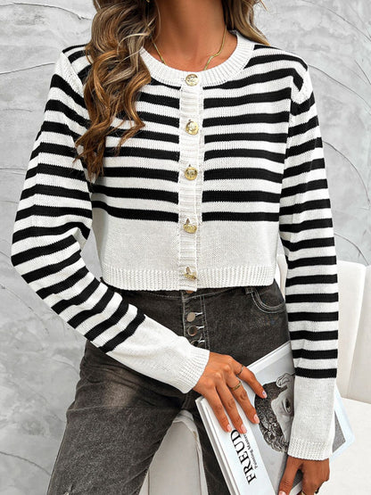 Devine Striped Round Neck Button Down Cardigan-Angel Casuals