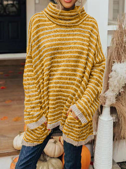 Striped Turtleneck Sweater with Pockets-Angel Casuals