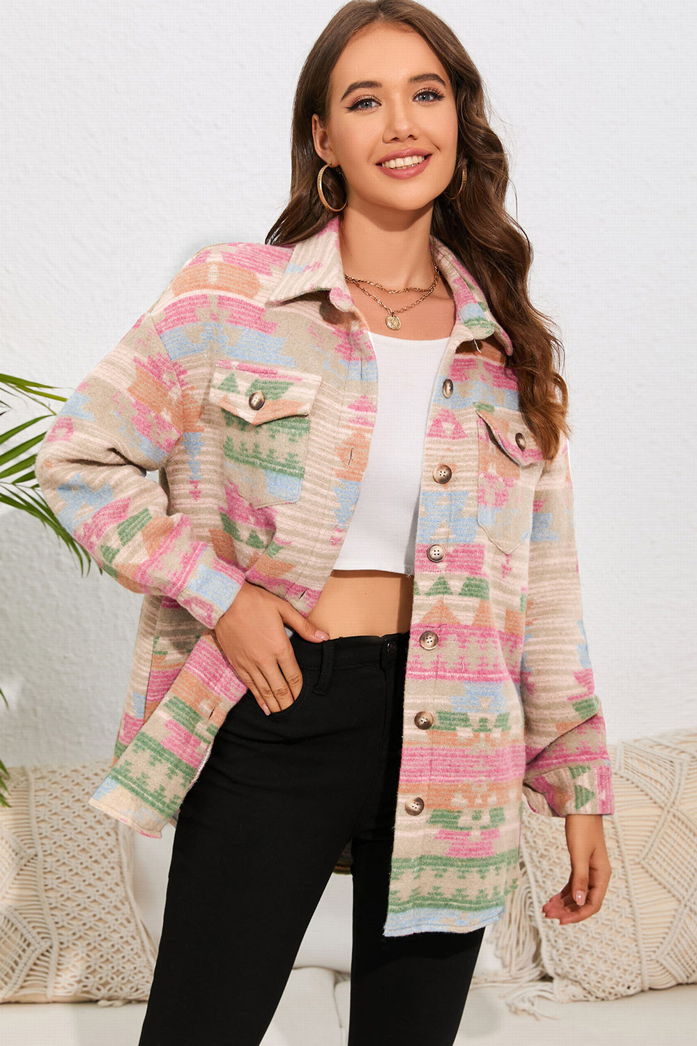 Geometric Button Down Collared Jacket-Angel Casuals