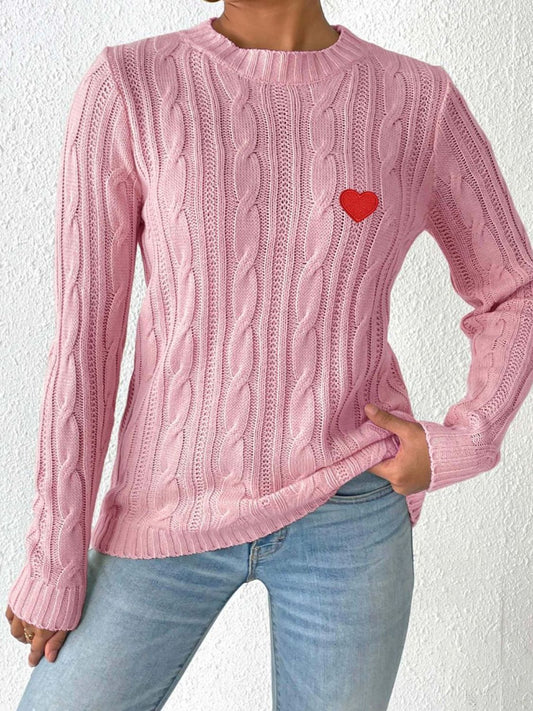 Cable-Knit Heart Round Neck Long Sleeve Sweater-Angel Casuals