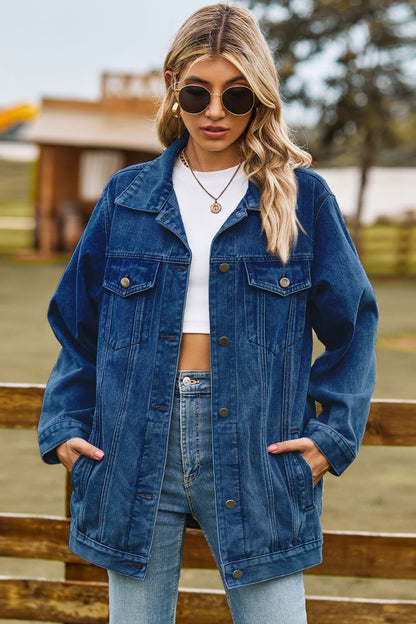 Buttoned Collared Neck Denim Jacket with Pockets-Angel Casuals