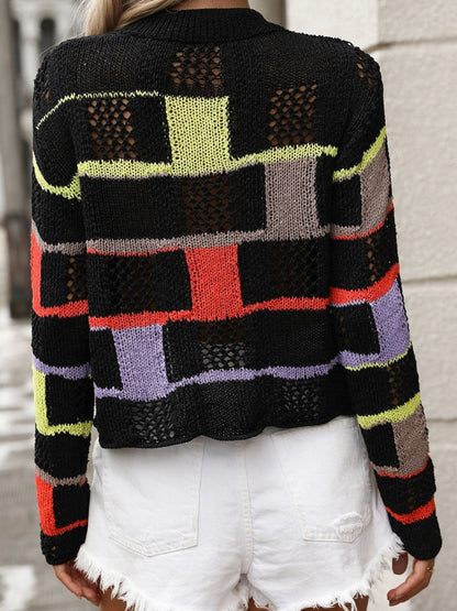 Openwork Color Block Round Neck Sweater-Angel Casuals