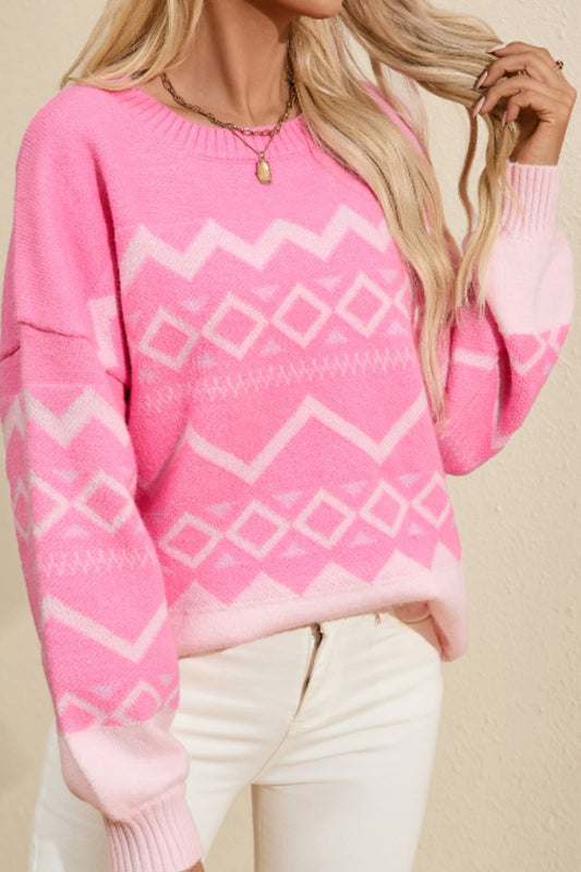 Geometric Drop Shoulder Long Sleeve Sweater-Angel Casuals