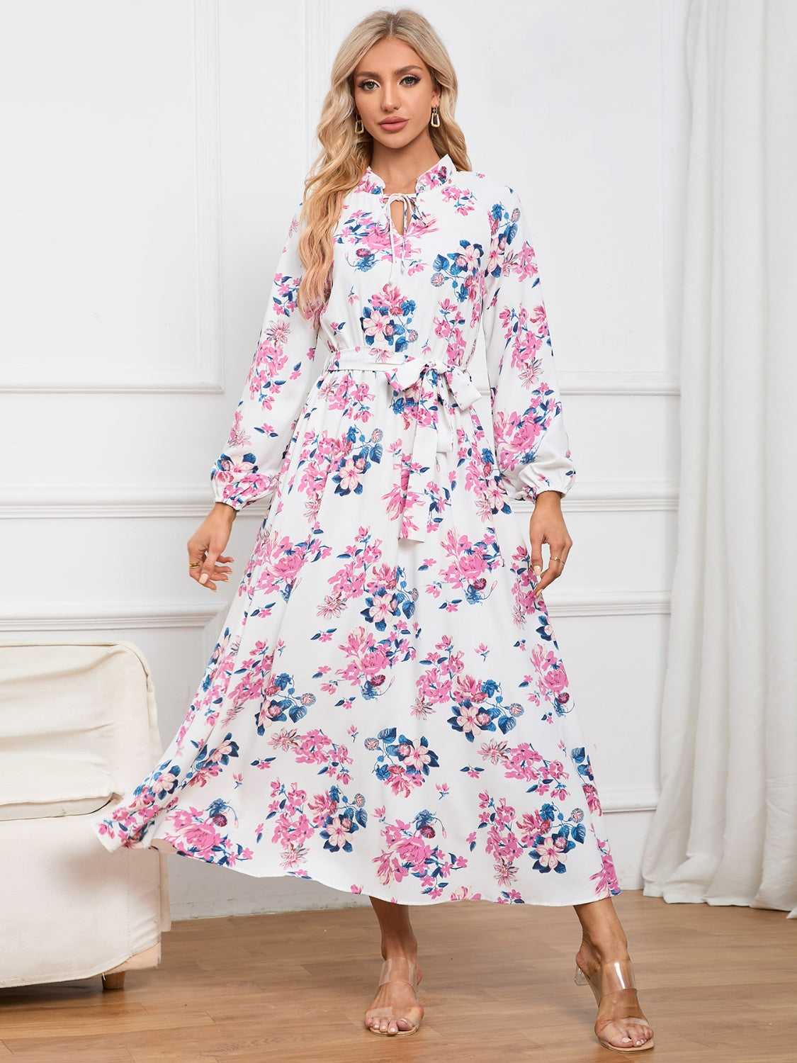 Floral Tie Front Balloon Sleeve Dress-Angel Casuals