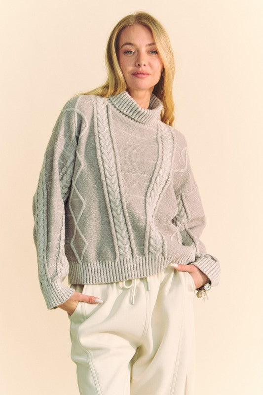 Davi & Dani Cable-Knit Turtleneck Dropped Shoulder Sweater-Angel Casuals