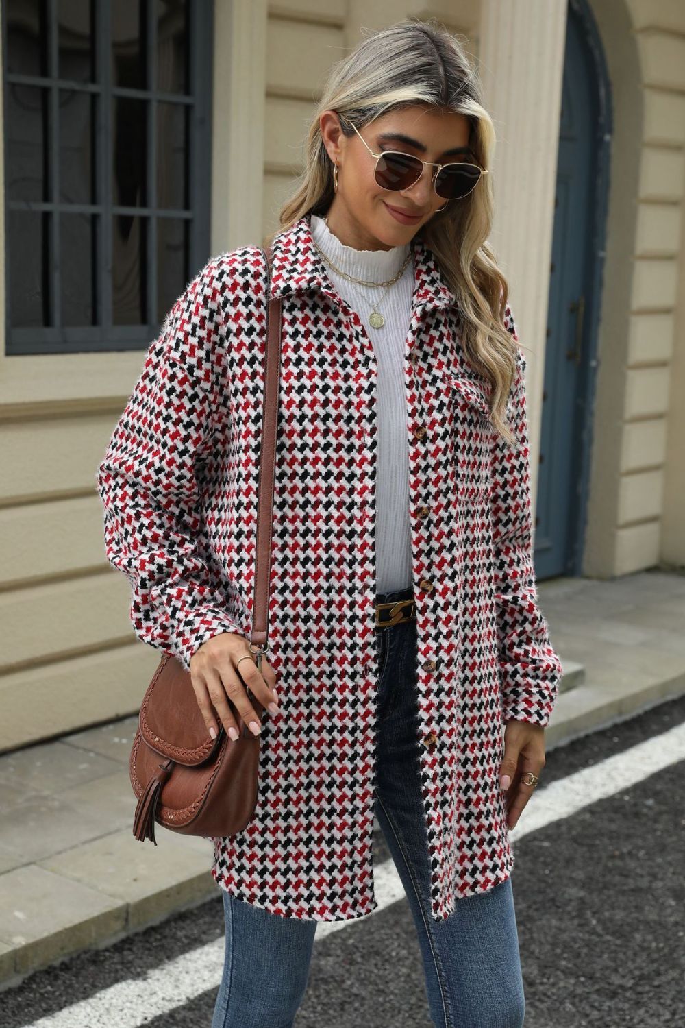 Houndstooth Button Up Dropped Shoulder Coat-Angel Casuals