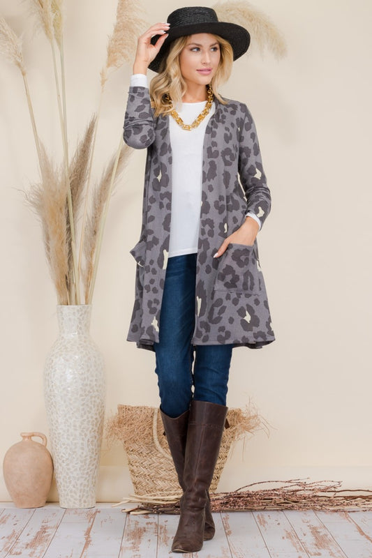 Celeste Full Size Leopard Open Front Contrast Cardigan-Angel Casuals