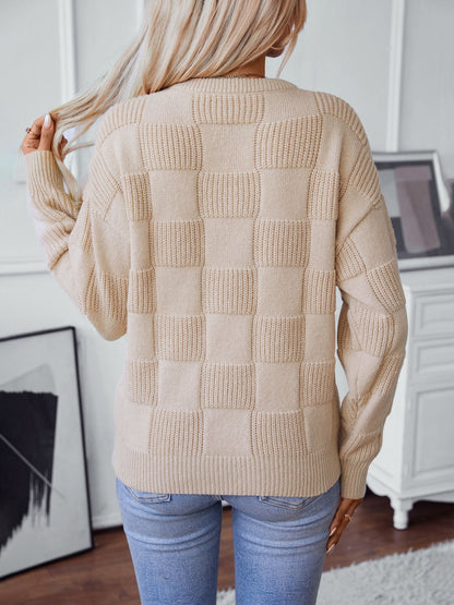 Checkered Round Neck Long Sleeve Sweater-Angel Casuals