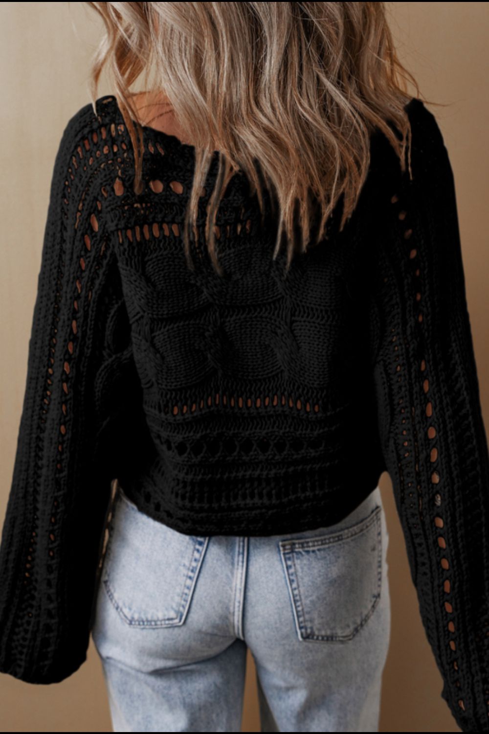 Openwork Cable Knit Long Sleeve Sweater-Angel Casuals