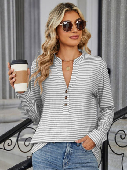 Striped Notched Long Sleeve T-Shirt-Angel Casuals