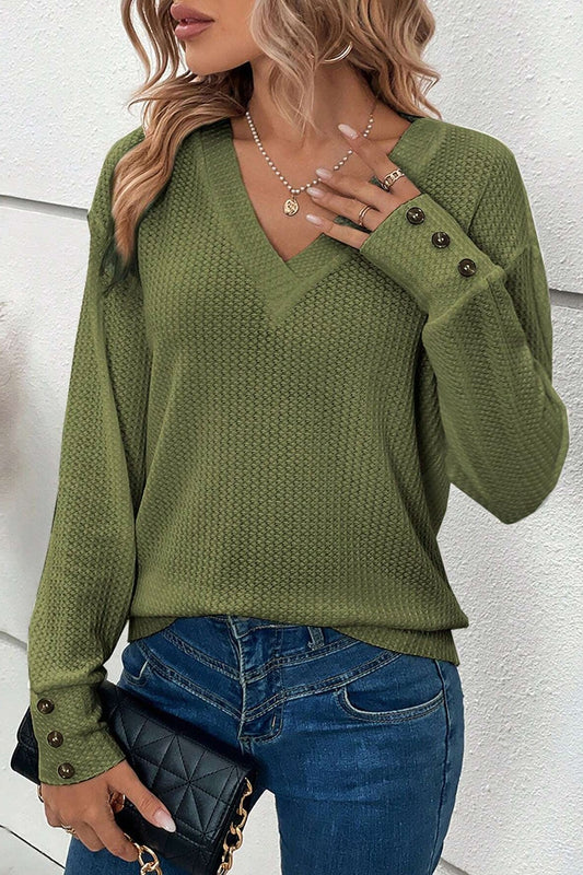 Decorative Button V-Neck Long Sleeve T-Shirt-Angel Casuals