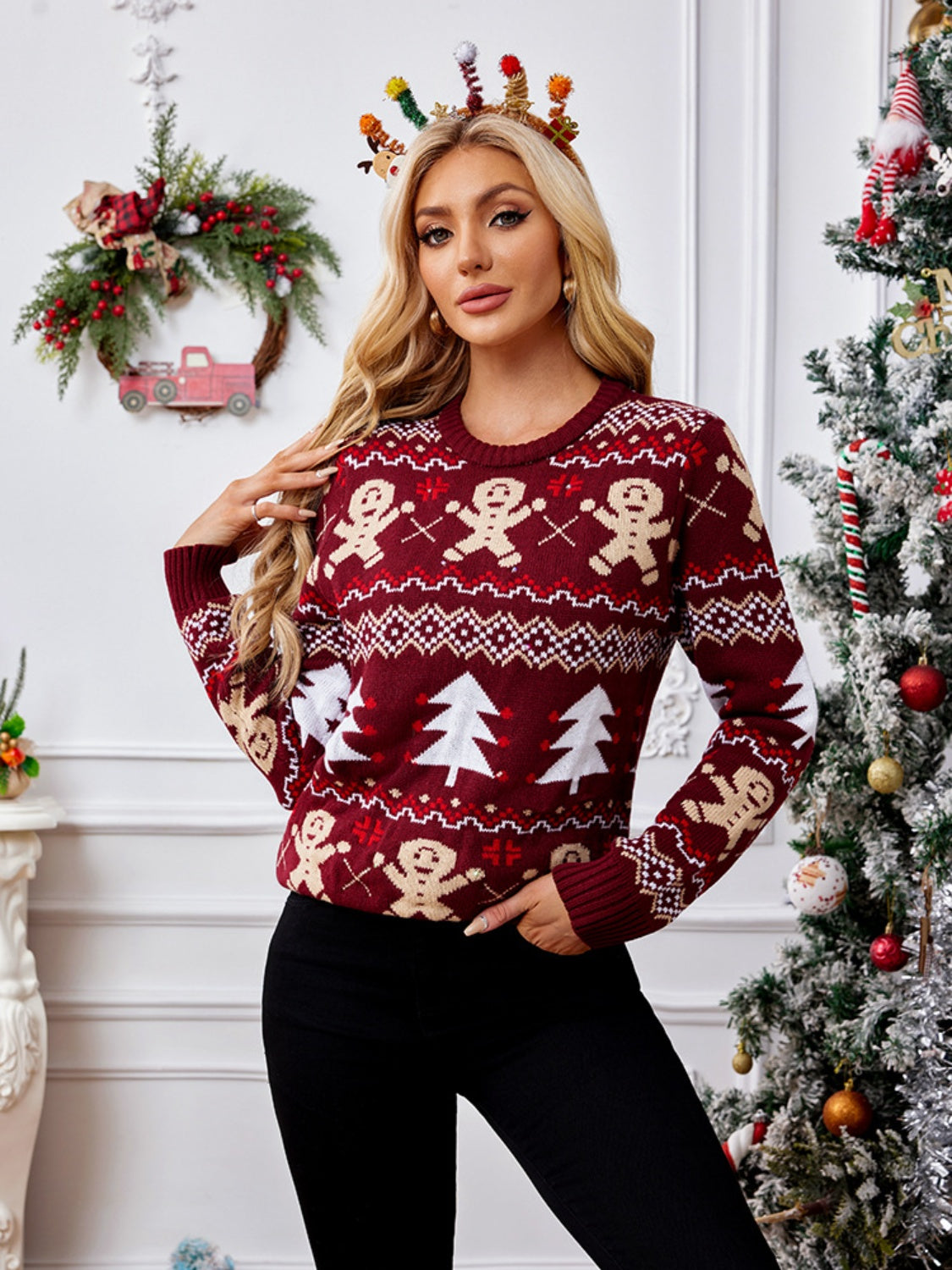 Gingerbread Round Neck Long Sleeve Sweater-Angel Casuals