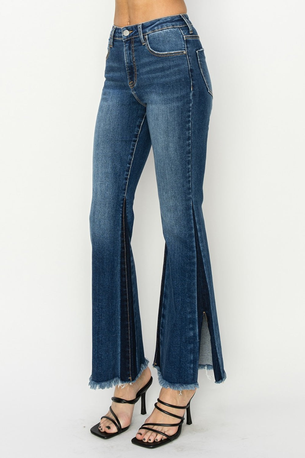 RISEN Full Size High Rise Side Shadow Seam Detail Slit Flare Jeans-Angel Casuals