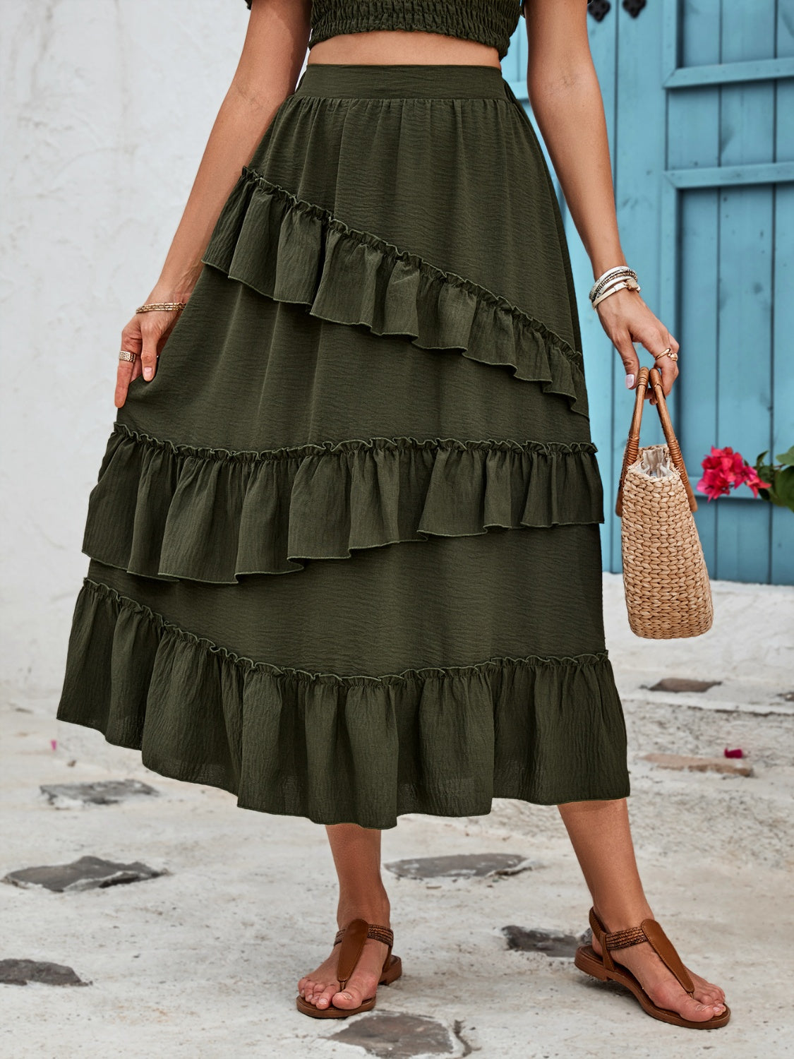 Ruffled Elastic Waist Midi Skirt-Angel Casuals