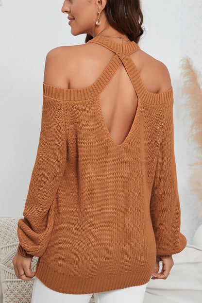 Cutout Back Cold Shoulder Long Sleeve Sweater-Angel Casuals