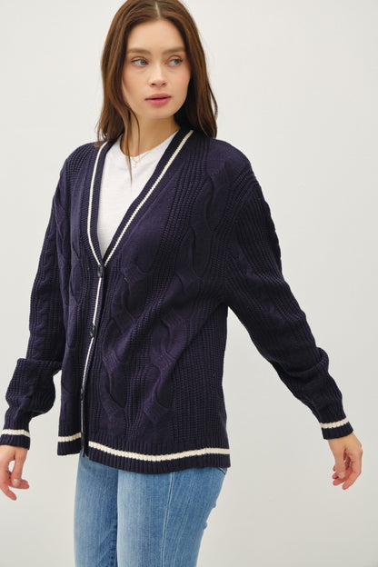 Be Cool Contrast Trim Cable-Knit V-Neck Cardigan-Angel Casuals