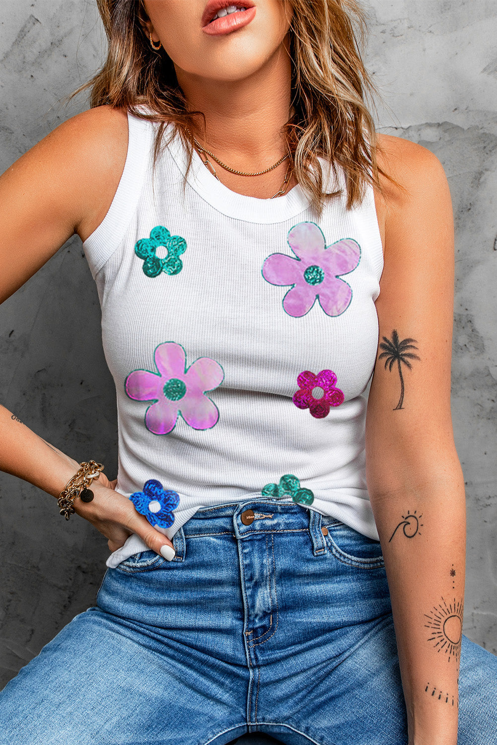 Sequin Flower Round Neck Tank-Angel Casuals