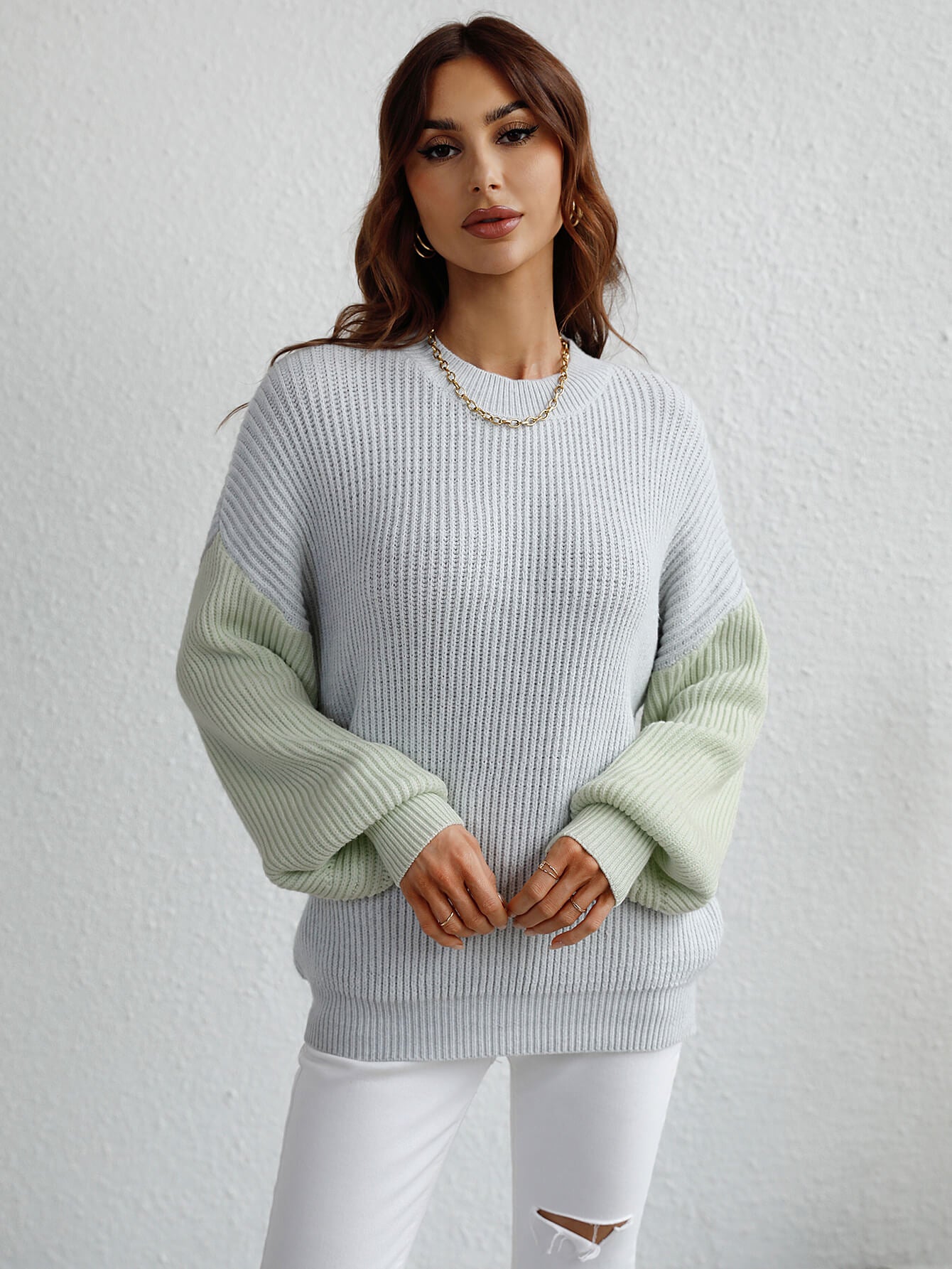 Two-Tone Rib-Knit Dropped Shoulder Sweater-Angel Casuals