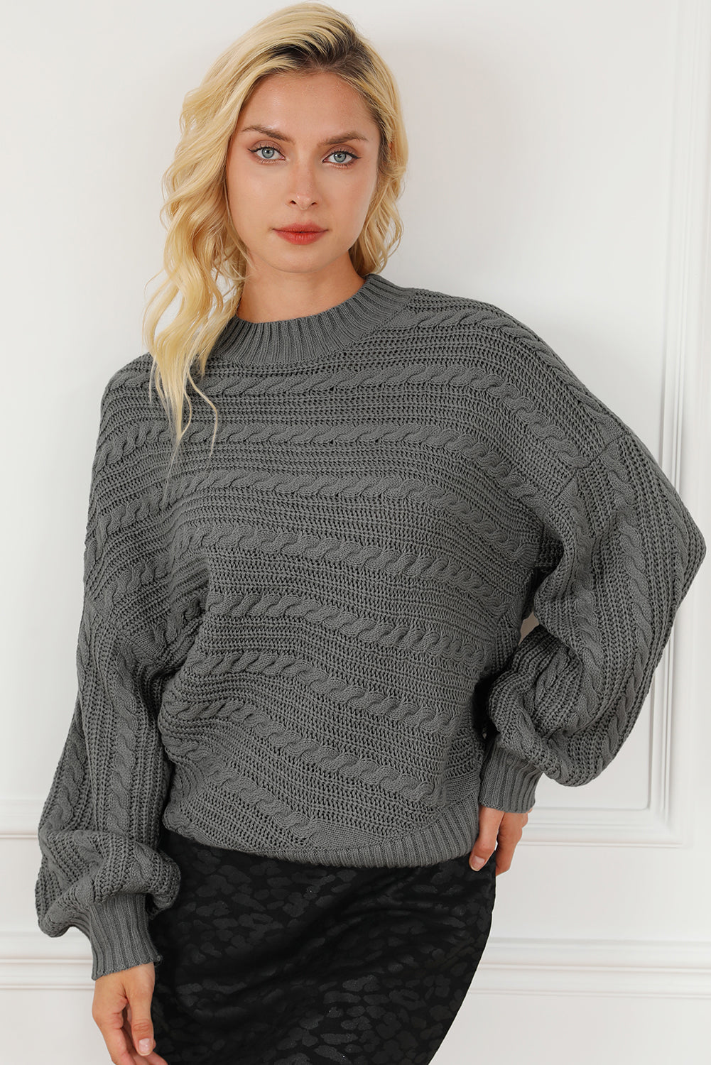 Cable-Knit Mock Neck Dropped Shoulder Sweater-Angel Casuals