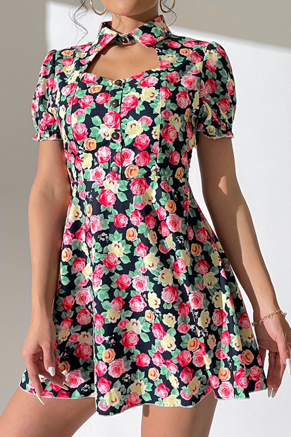 Floral Buttoned Cutout Puff Sleeve Dress-Angel Casuals