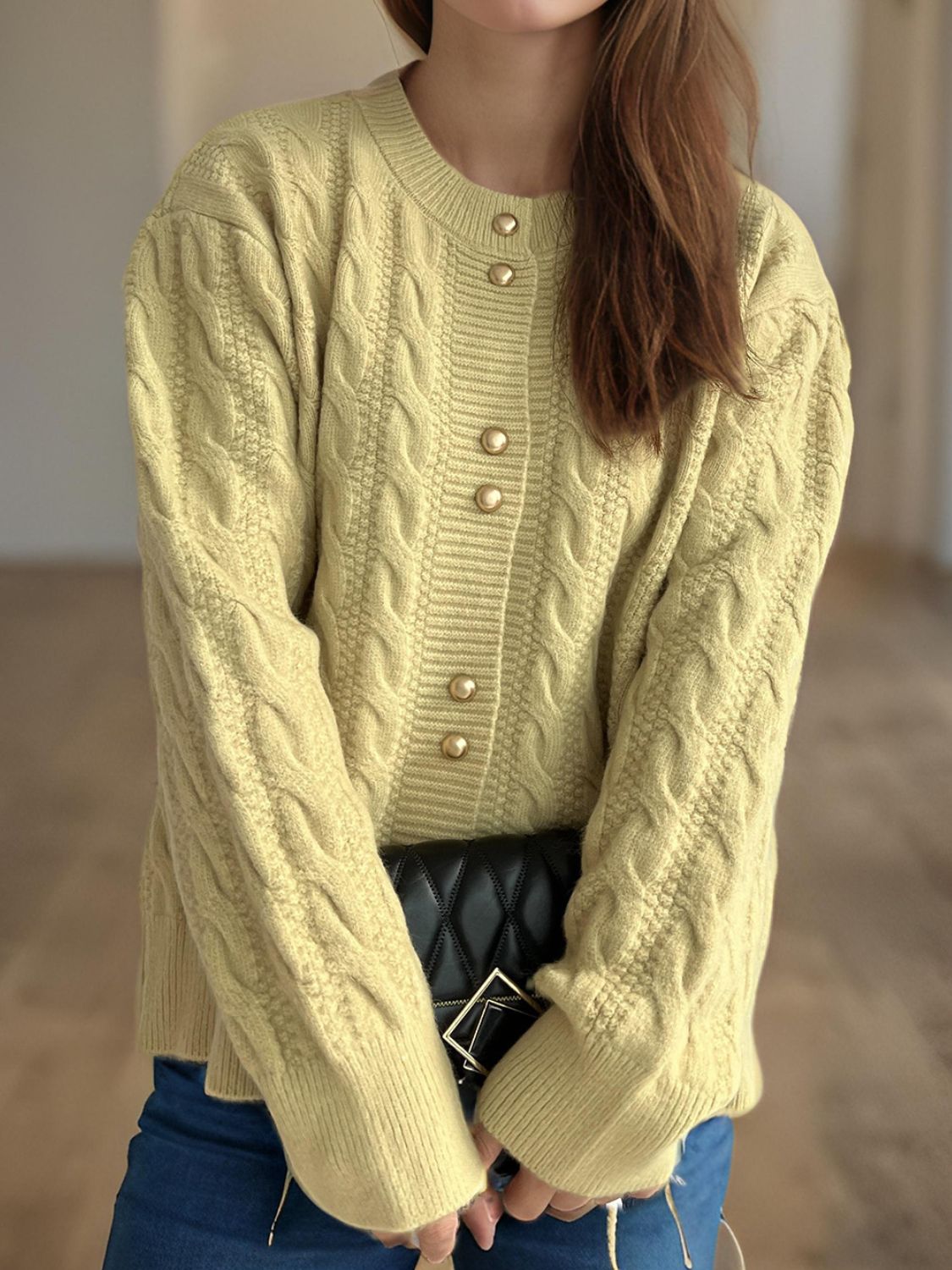 Cable-Knit Round Neck Long Sleeve Cardigan-Angel Casuals