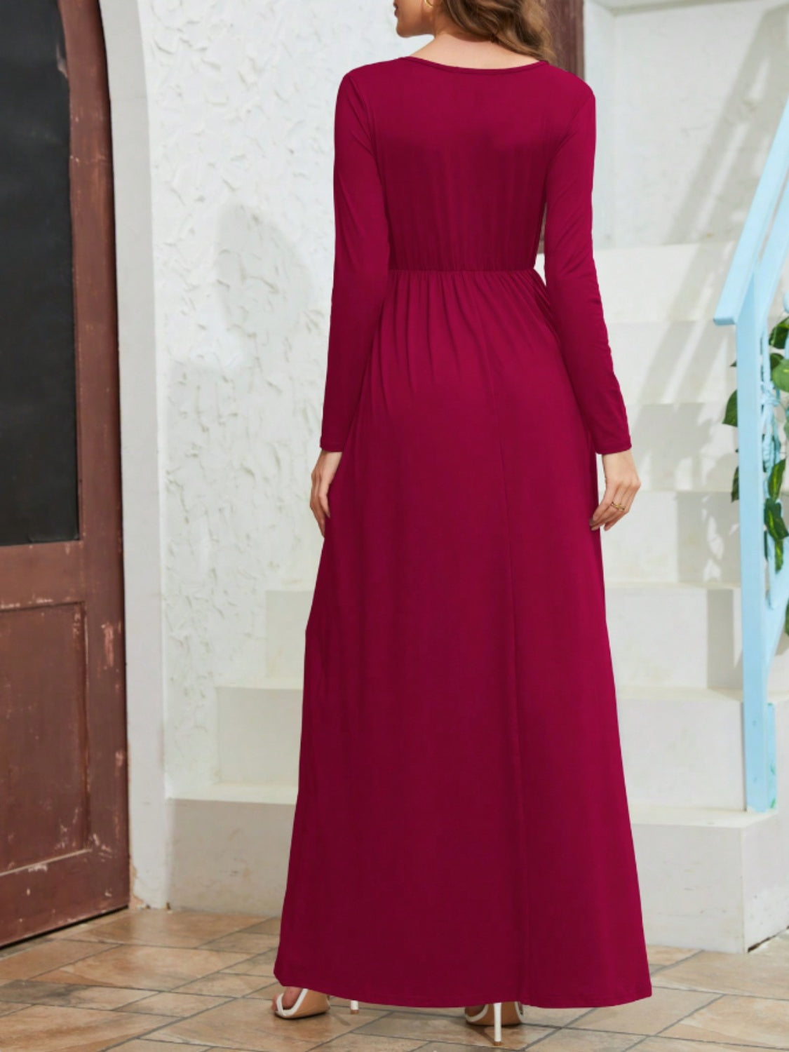 Pocketed V-Neck Long Sleeve Maxi Dress-Angel Casuals