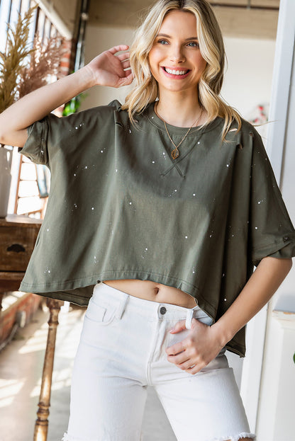 Distressed Asymmetric Hem Cropped Tee Shirt-Angel Casuals