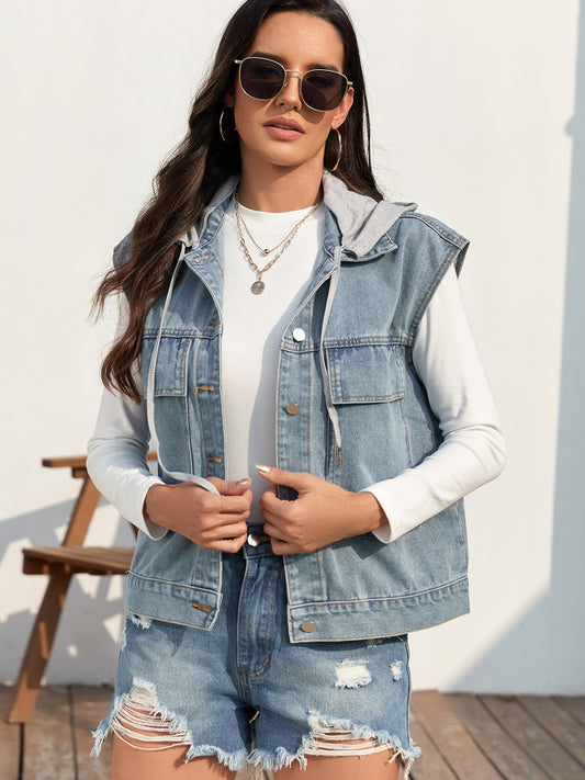 Drawstring Button Up Sleeveless Denim Jacket-Angel Casuals