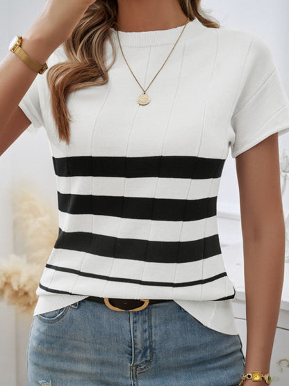 Devine Striped Round Neck Short Sleeve Knit Top-Angel Casuals