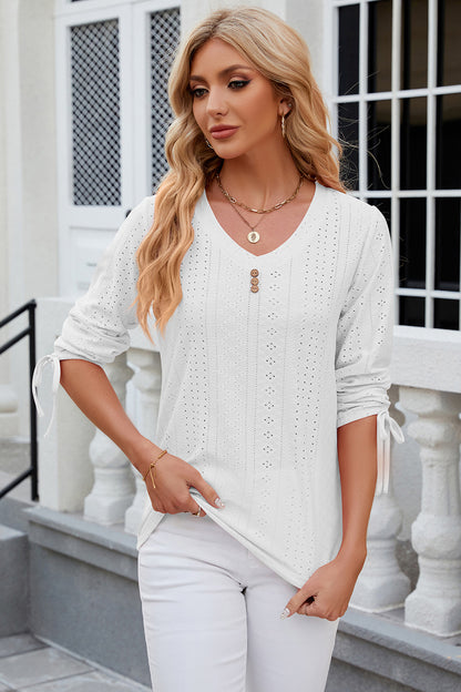 Eyelet Drawstring V-Neck Half Sleeve T-Shirt-Angel Casuals