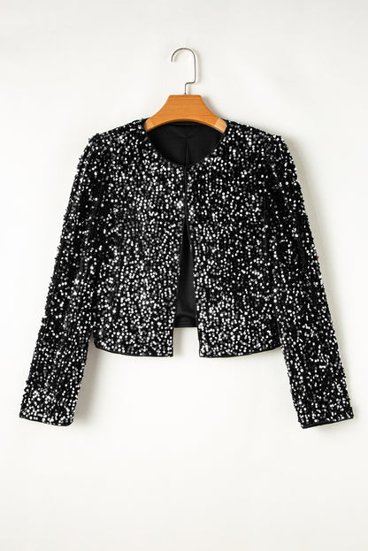 Sequin Open Front Long Sleeve Jacket-Angel Casuals