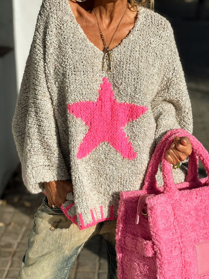 Star V-Neck Long Sleeve Oversize Sweater-Angel Casuals