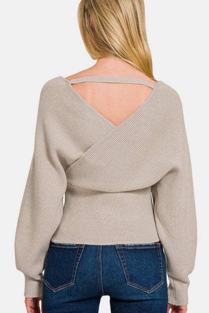 Zenana Cross Wrap Rib Long Sleeve Sweater-Angel Casuals