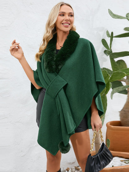 Fuzzy Trim Open Front Poncho-Angel Casuals