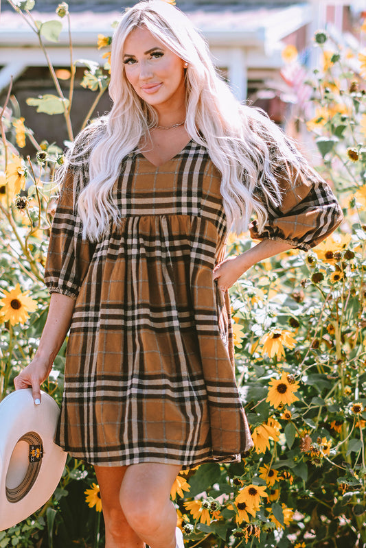 Plaid V-Neck Balloon Sleeve Dress-Angel Casuals