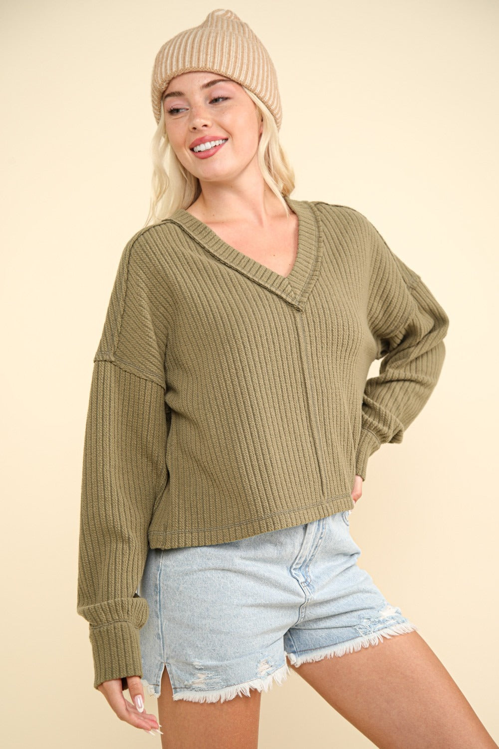 VERY J Exposed Seam V-Neck Ribbed Knit Top-Angel Casuals