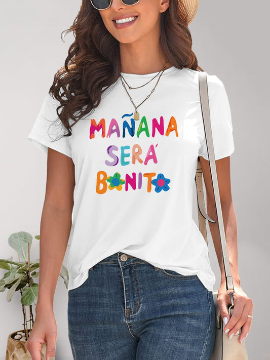 Letter Graphic Round Neck Short Sleeve T-Shirt-Angel Casuals