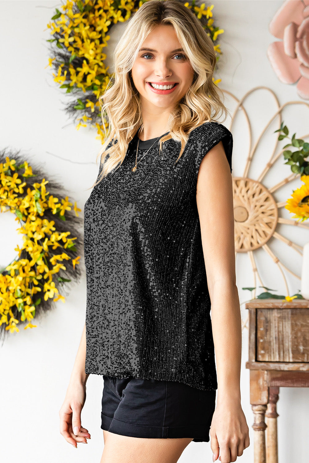 Sequin Round Neck Capped Sleeve Tank-Angel Casuals