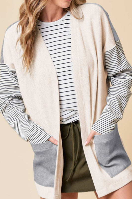 Open Front Long Sleeve Striped Cardigan with Pockets-Angel Casuals