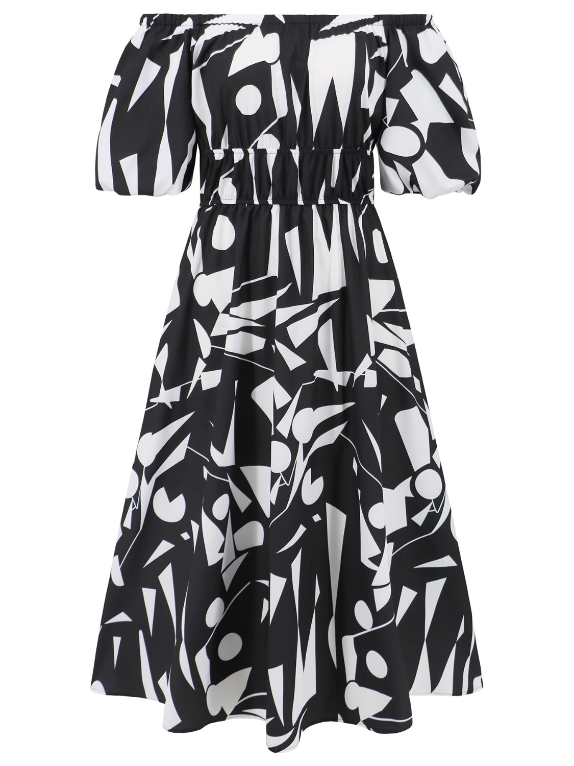 Printed Off-Shoulder Balloon Sleeve Dress-Angel Casuals