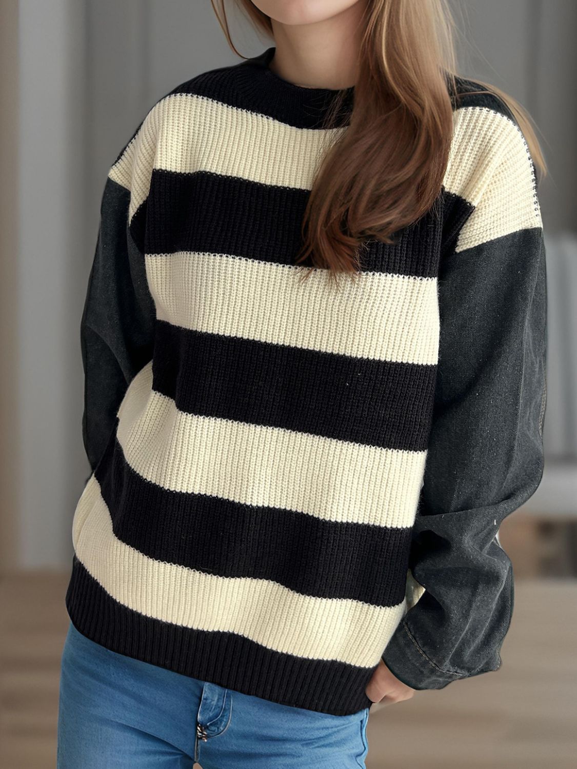 Contrast Round Neck Long Sleeve Sweater-Angel Casuals