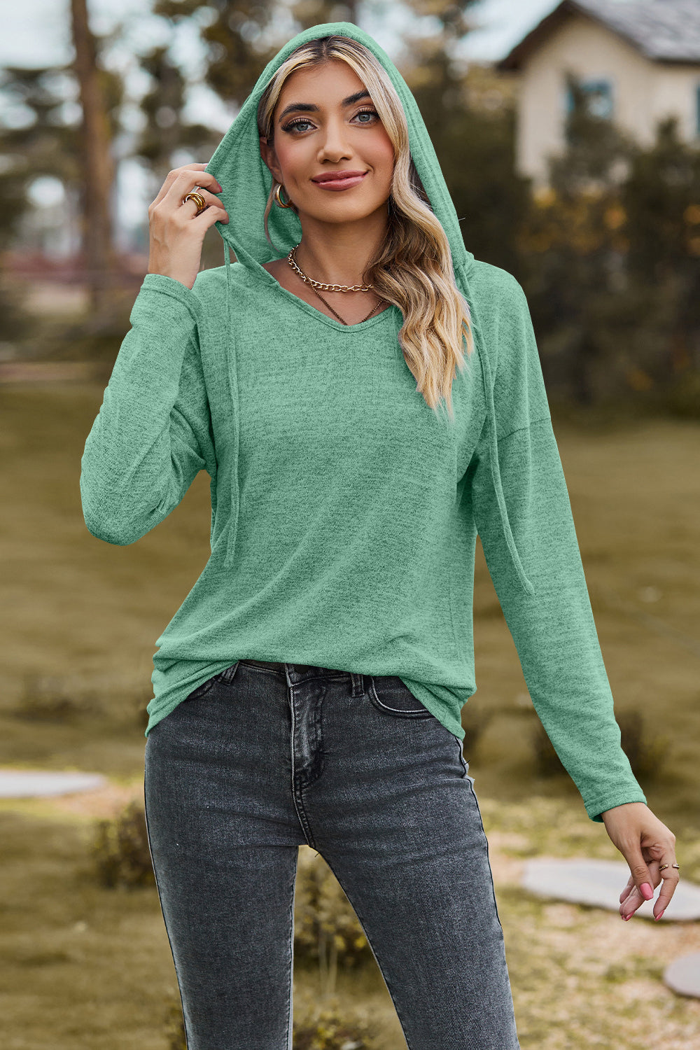 Drawstring Dropped Shoulder Hooded T-Shirt-Angel Casuals