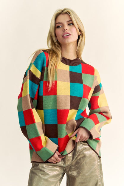 Davi & Dani Color Block Checkered Dropped Shoulder Sweater-Angel Casuals