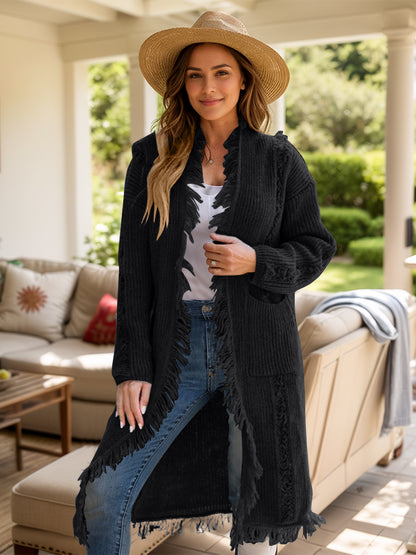 Fringe Open Front Long Sleeve Cardigan-Angel Casuals
