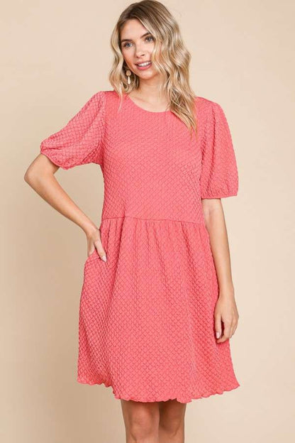 Culture Code Full Size Textured Round Neck Puff Sleeve Dress-Angel Casuals