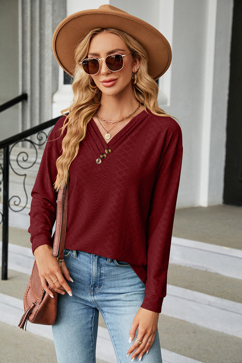 V-Neck Long Sleeve T-Shirt-Angel Casuals