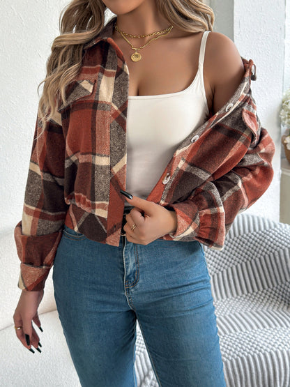 Plaid Button Up Long Sleeve Jacket-Angel Casuals