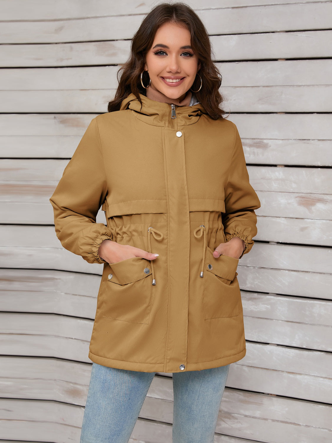 Drawstring Long Sleeve Hooded Jacket-Angel Casuals